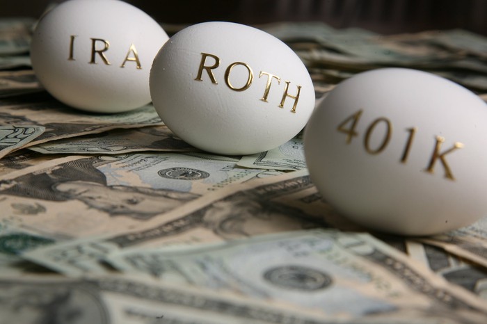 Three eggs on top of money. One says, IRA, one says ROTH, and one says 401K.