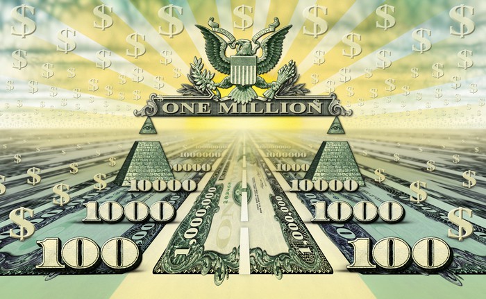 A road paved with a one million-dollar bill that ends at one million-dollar drawing.