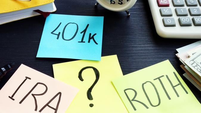 401k ira roth on pieces of paper. Retirement planning. stock photo